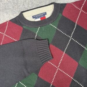 Vintage Tommy Hilfiger Argyle Sweater Mens M 100% Cotton Geometric Dadcore L/S